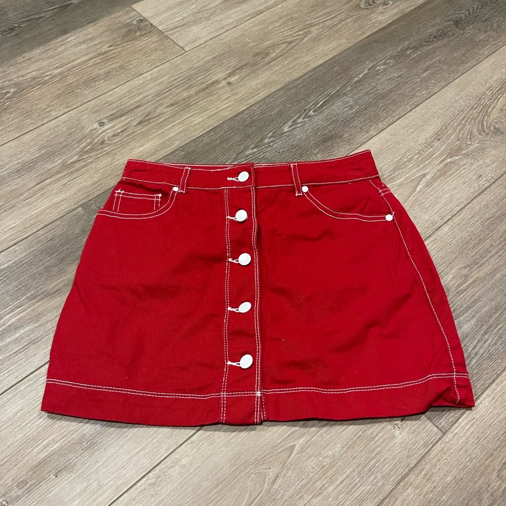 Forever 21 Skirt | Red Denim Mini Skirt with White Stitching | Size M